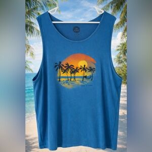 Life Is Good Palm Tree Sunset Graphic Tank Top Blue XXL Beach Tropical